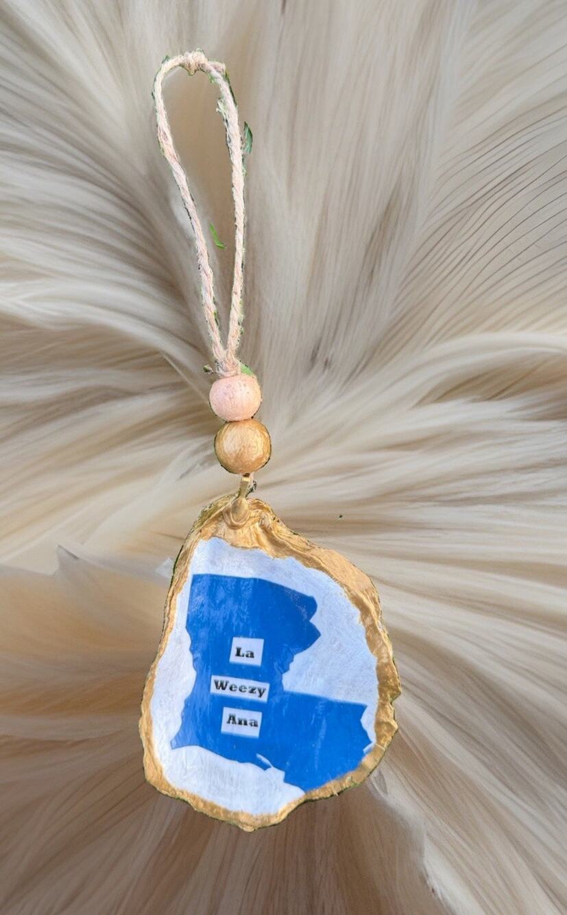 Decoupaged Oyster Shell Ornament -La Weezy Ana (Louisiana) State Blue White